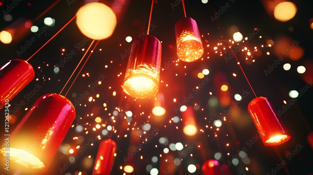Poster stunning display of red lanterns illuminating the night sky with sparkles and bokeh effects, celebra