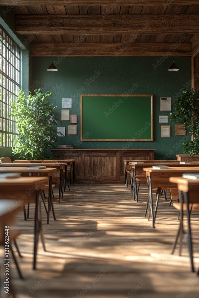 Poster a traditional classroom setting with rows of desks and a chalkboard for lessons and teaching