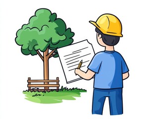 Architect Planning Tree Planting with Paper in Hand and Hard Hat