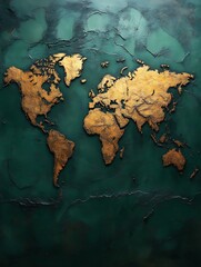 Embossed gold world map on dark teal background.