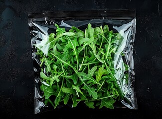 Vector top view of fresh arugula salad in a transparent polyethylene plastic bag package on a black background, real photo. 