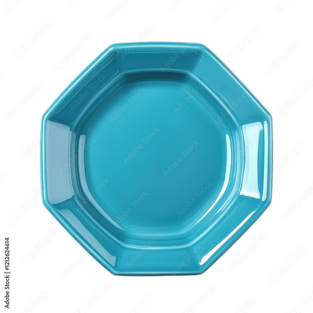 Poster blue octagonal plate with hexagonal pattern on a white background in a minimalist setting isolated o