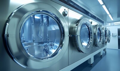 Stainless Steel Industrial Machines with Circular Openings in a Clean Room