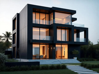 Modern luxury villa exterior in minimal scandinavian style, black color