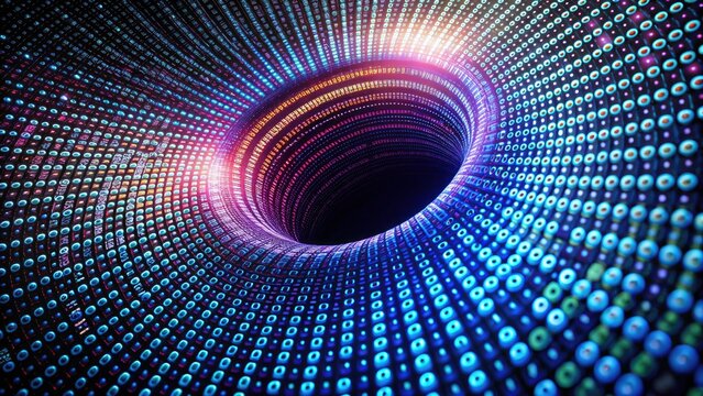 Abstract digital vortex of binary code; a high-resolution image depicting dark matter's gravity in a cyberpunk, futuristic space.