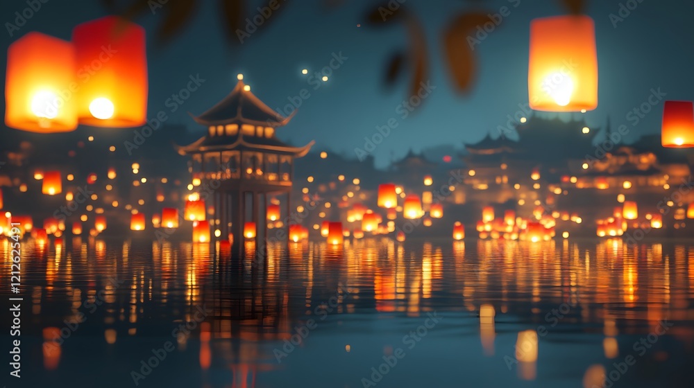 Poster serene evening scene with floating lanterns reflecting in water, peaceful pagoda structure surrounde