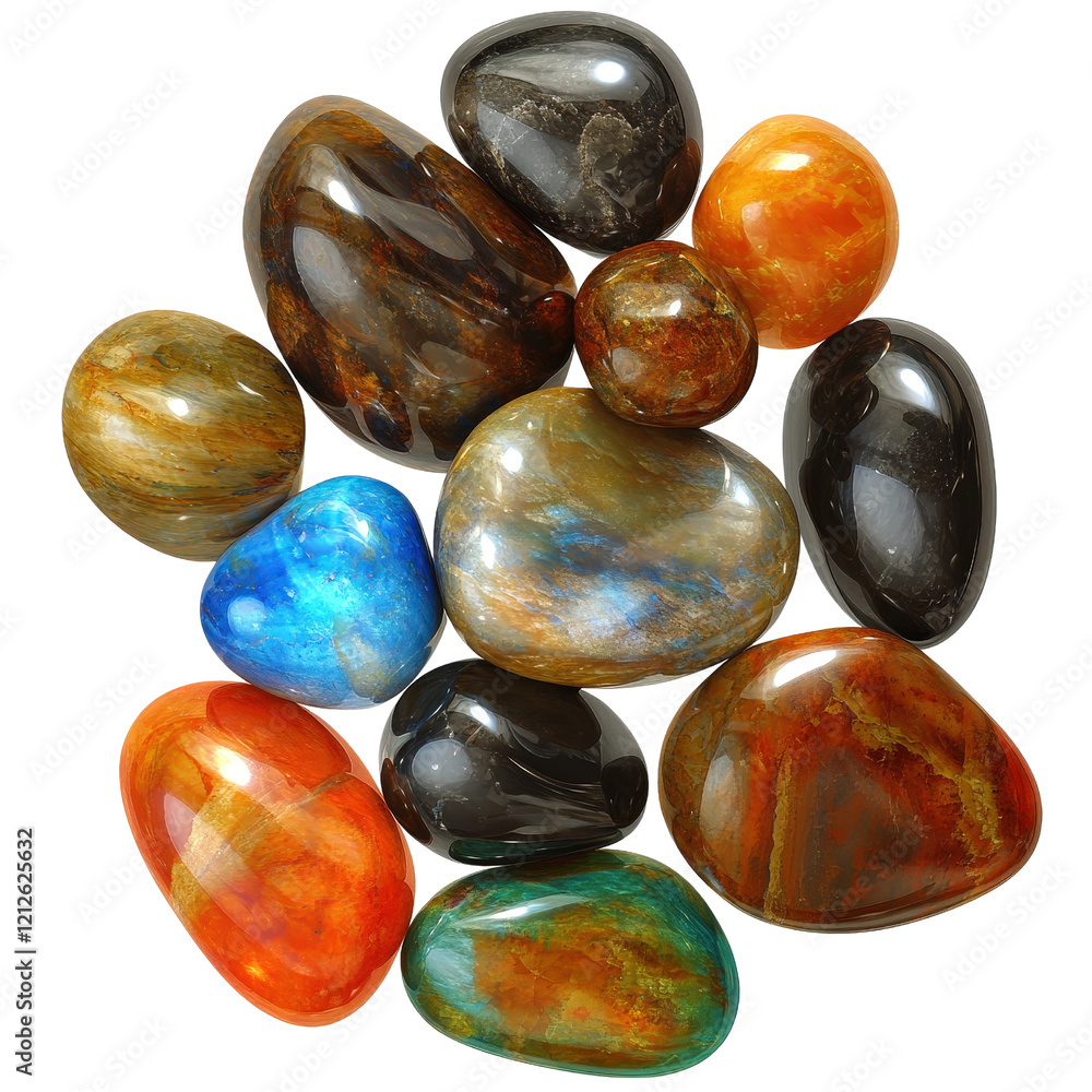 Poster a pile of colorful stones arranged on a black background showcasing various shapes and sizes isolate