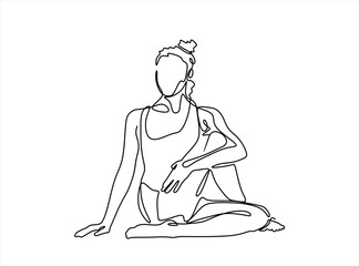 Continuous line drawing of a woman in a yoga pose, representing relaxation and fitness. Vector art focused on health and meditation, isolated on a white background.