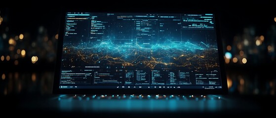 Futuristic data visualization on laptop screen at night.