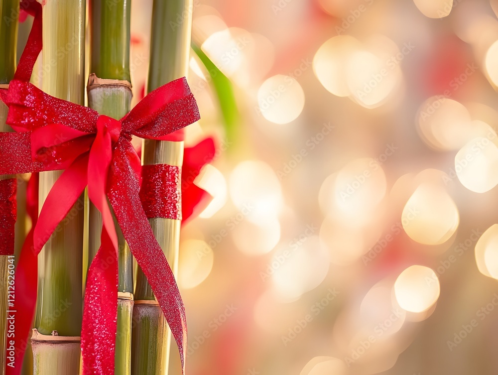 Poster festive green bamboo stalks with red bows surrounded by soft golden bokeh lights creating a cheerful
