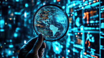 A hand holds a digital globe, displaying intricate data and glowing blue graphics, symbolizing technology and global connectivity.