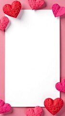 Empty white sheet of paper and hearts on a pink background. Mockup, frame for text. Vertical image.