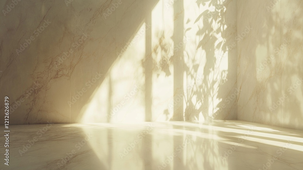 Poster sunlight and shadows on a marble interior space, creating abstract patterns and a serene ambiance