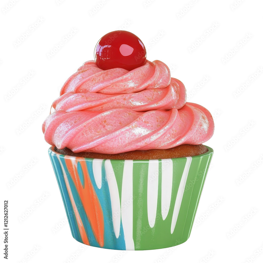 Poster cupcake with cherry topping on white plate with colorful sprinkles and soft focus background isolate