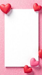 Empty white sheet of paper and hearts on a pink background. Mockup, frame for text, vertical image