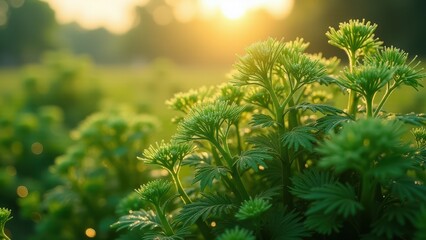 Obraz premium Close-up of green plants in a sunlit meadow at sunrise 