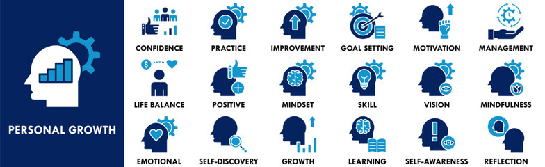Fototapeta premium Personal Growth icon collection set. Containing design success, development, growth, motivation, leadership