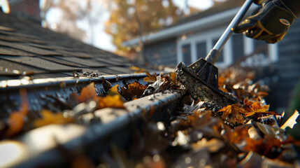 Gutter cleaner using long pole to remove debris 
