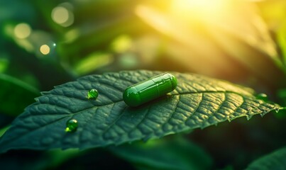 vibrant green pill rests on fresh green leaf, illuminated by soft sunlight in background, creating serene and natural atmosphere