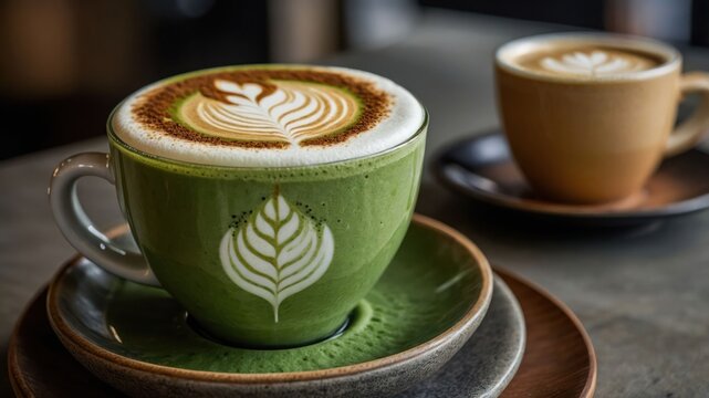 A vibrant green matcha latte with artistic foam design beside a smaller cappuccino.
