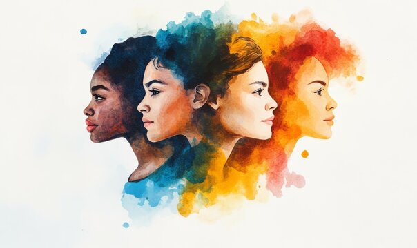Watercolor brushstroke illustration of group of 3 women standing side by side, showcasing diversity and unity. International Women's Day. Banner for March 8. Women's rights movement