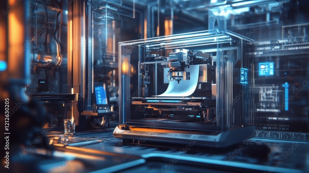 Poster advanced 3d printer producing a futuristic design