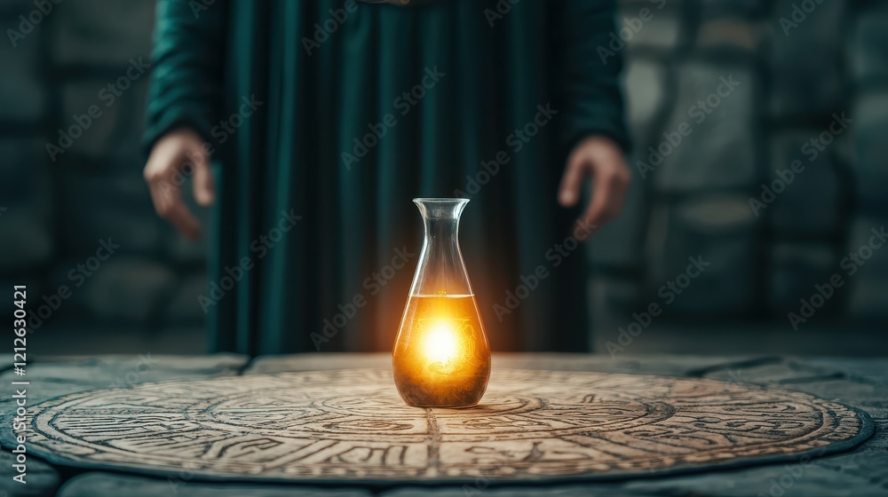 Poster elixir of life concept, mystic rune table with elixir of life glowing in the center surrounded by en