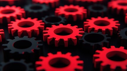 Economic Development Infrastructure Investment concept. Abstract Glowing Red Gears Representing Synergistic Machinery and Technology