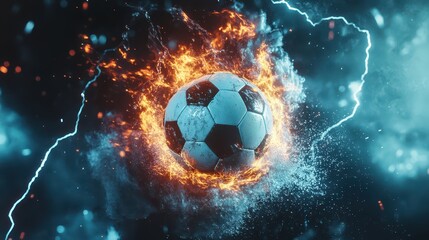 Naklejka premium Dynamic and Energetic Soccer Ball Surrounded by Fiery Flames and Electric Sparks Creating a Thrilling Sports Visual in Action