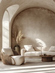 Minimalist japandi interior design featuring modern stylish living room arrangement warm natural lighting chic furniture serene atmosphere