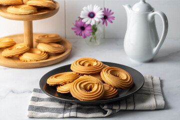 Sweet and tasty round butter cookies. Round ring shaped German spritz biscuits