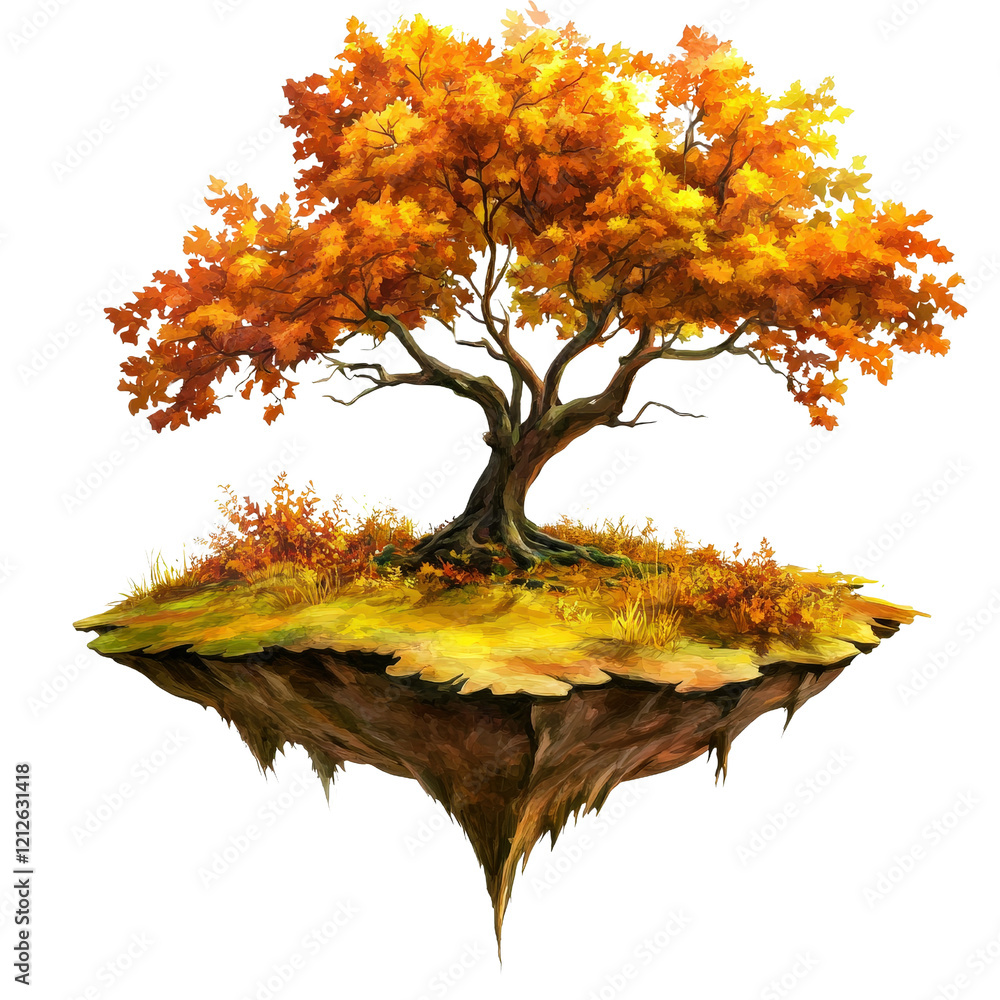 Poster tree with orange leaves isolated on a black background creating a striking contrast isolated on tran