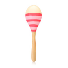 Wooden colored baby rattle isolated on a white background. Bright maracas for a child. Toys for concentration of attention