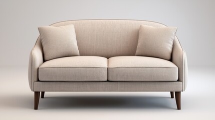 A stylish, modern sofa with light fabric and wooden legs, featuring plush cushions for comfort, perfect for contemporary living spaces.