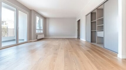 Empty modern apartment living room with hardwood floors, balcony view, and built-in closets; ideal for real estate listings