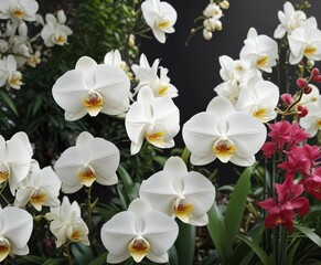 Obraz premium White orchids in full bloom amid a variety of colorful floral species, flora, full bloom