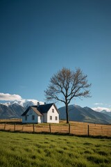 Fototapeta premium there is a white house in a field with a tree in the foreground