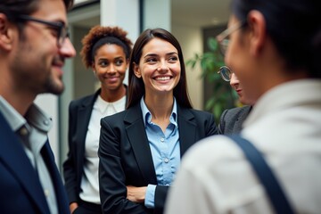 Professional Business Networking Event Showcasing Diverse Group of Smiling Young Professionals Engaged in Collaborative Conversation