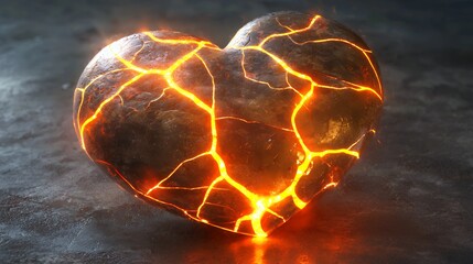 A Broken Heart: A fiery digital artwork depicting a stone heart cracked and glowing with an inner light, symbolizing heartbreak and emotional pain.