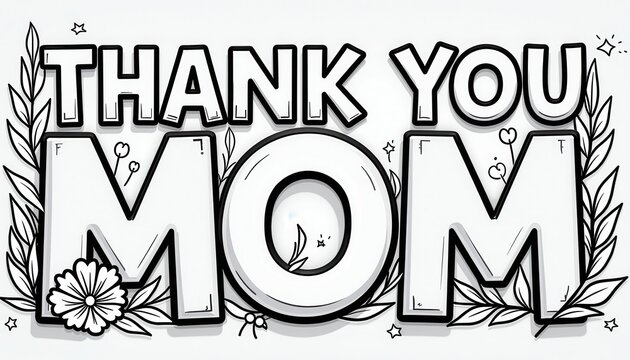 Black & White Thank You Mom Poster with Floral Design Against White Background - Powered by Adobe
