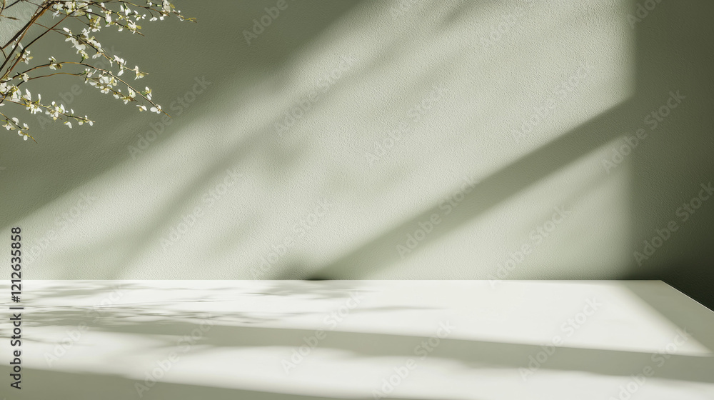 Aufkleber clean white surface with soft green shadows and delicate branches creates serene atmosphere