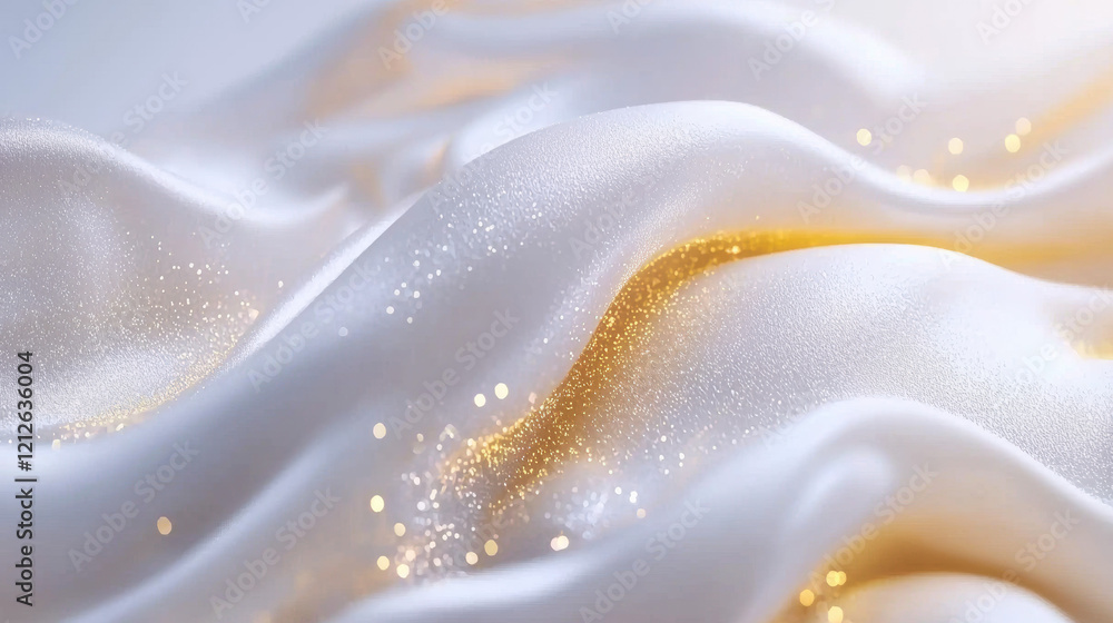Aufkleber Luxurious white fabric with hint of gold shimmer, creating elegant texture. soft waves and sparkling details evoke sense of opulence