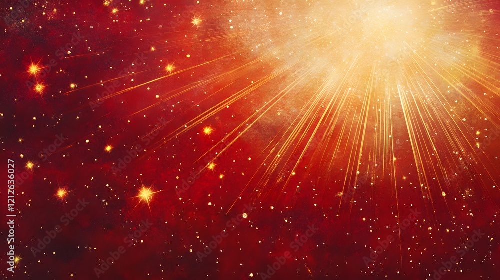 Poster vibrant cosmic explosion with shimmering stars and colorful rays of light in a deep red background i