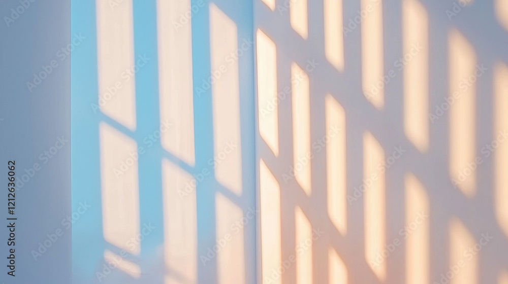 Aufkleber Soft light casts gentle shadows on clean white wall, creating serene atmosphere. hint of blue adds calming touch to space