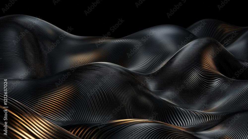 Poster Sleek, flowing waves with subtle gold shimmer on dark background create captivating visual effect