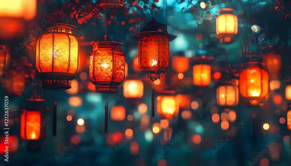 Poster enchanting scene of beautiful lanterns illuminating a magical night setting with soft bokeh highligh