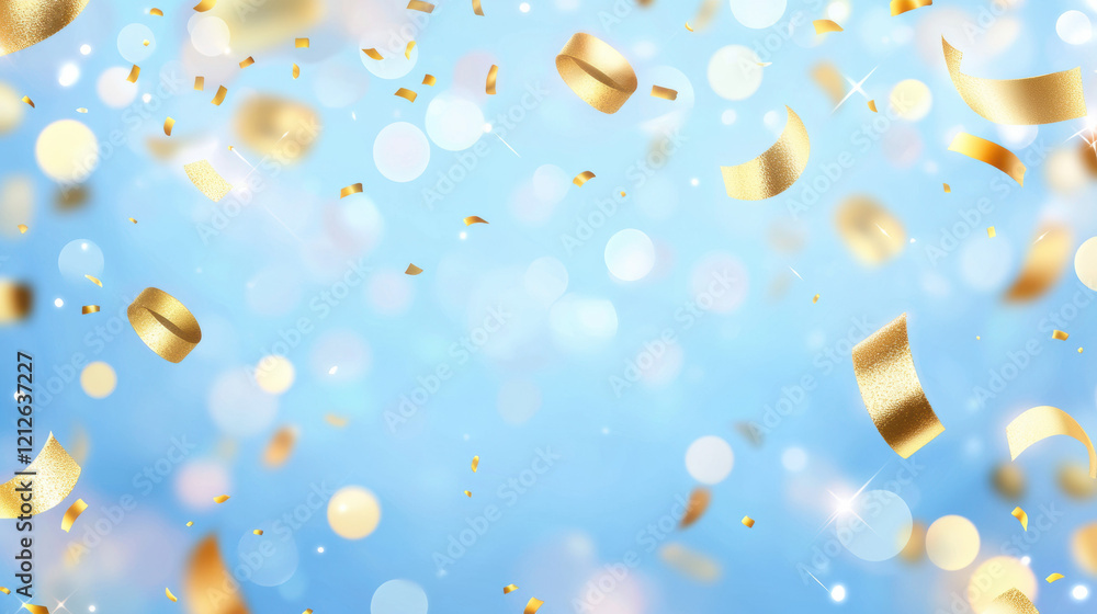 Poster bright gold confetti and shimmering lights on soft blue background create festive atmosphere. perfec