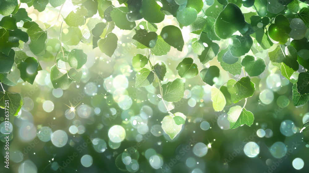Poster Lush green leaves with soft bokeh background create serene atmosphere