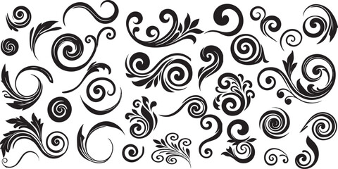 Decorative swirl and spiral vector silhouette set, perfect swirl for graphic design. Elegant shapes add a stylish touch to invitations, logos, tattoos, and art projects black vector