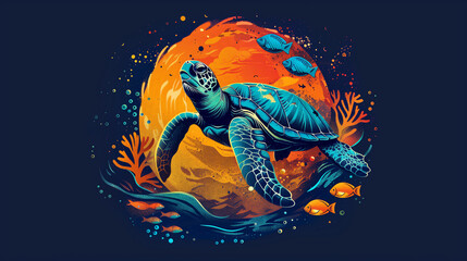 sea creatures like turtles, fish, and octopus in a circular oceanic graphic for T-shirt